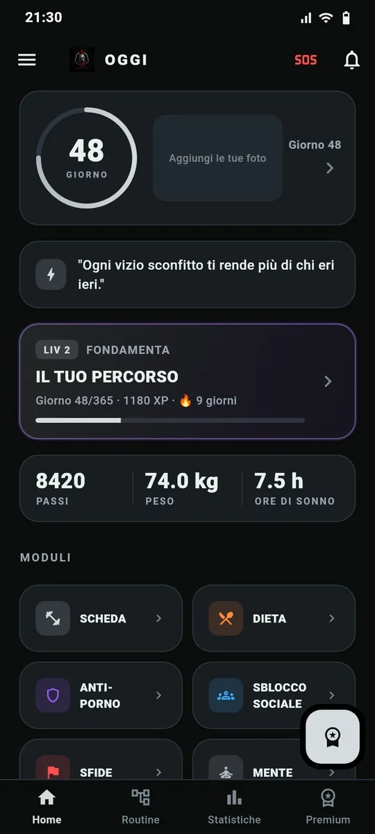 Schermata principale dell'app Mentalità Blindata